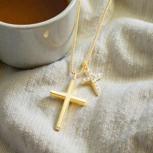 14k Gold Cross Pendant Necklace with Zirconia Accents